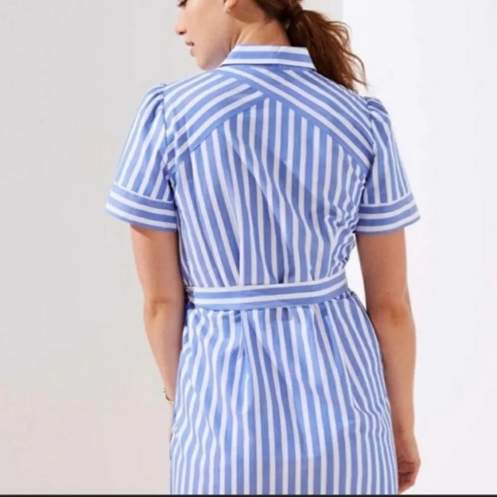 Loft blue and white button down waist tie short sleeve shirt dress. Sz Medium - Picture 2 of 9